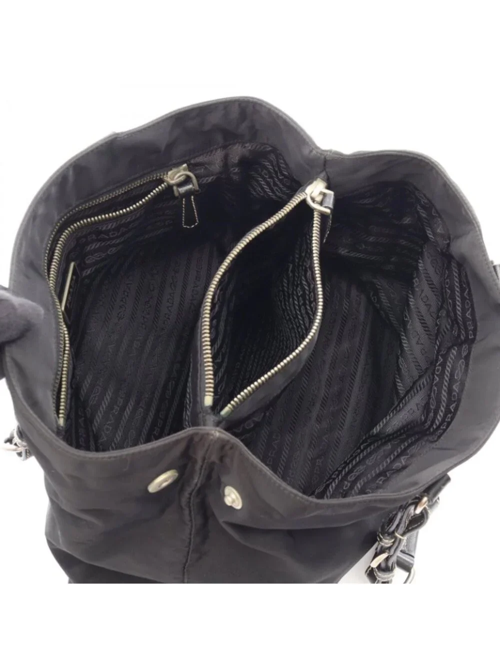 Prada Tote Triangle Logo Black Nylon Saffiano Leather